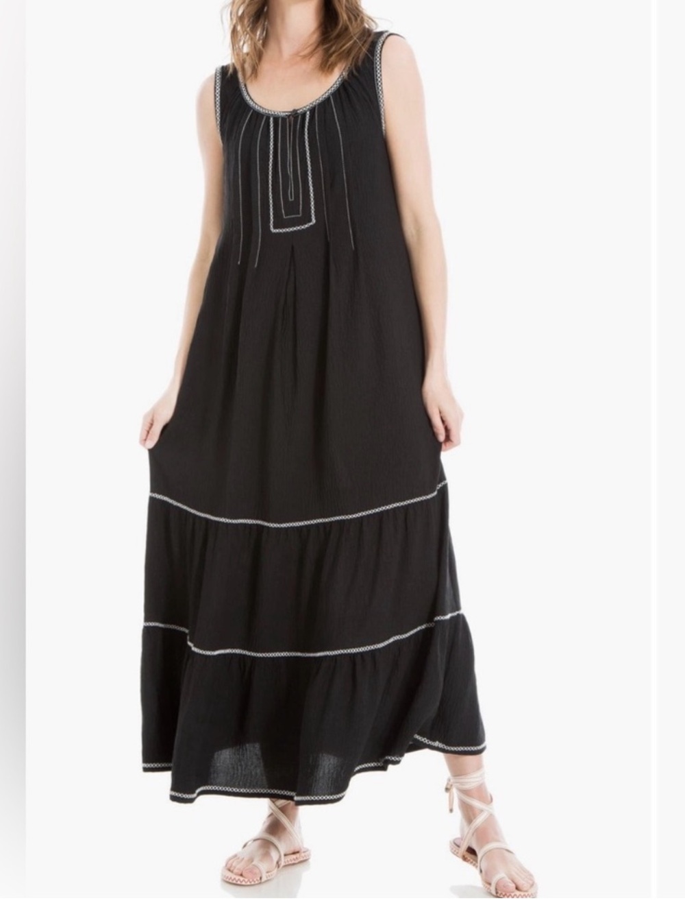 Max Studio Black Sleeveless Midi Dress with White Crochet Trim